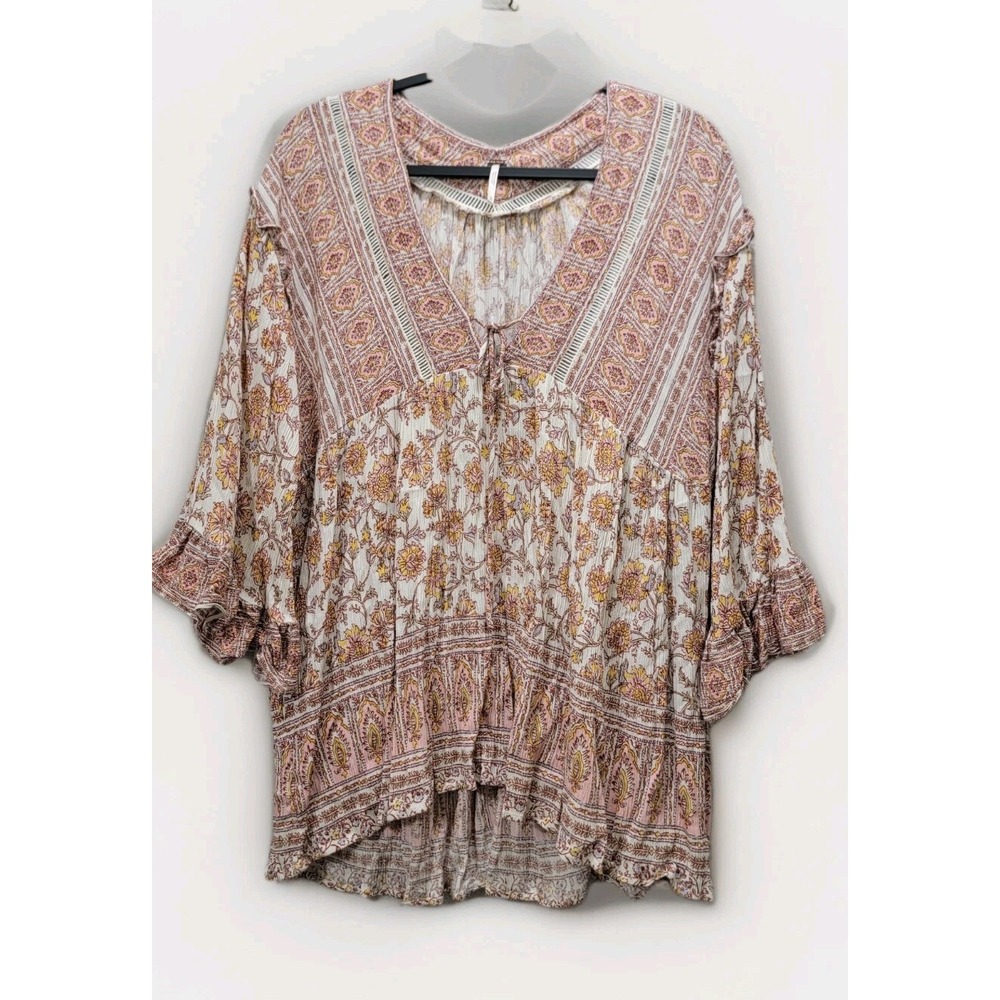 Free People Womens Med Moonlight Dance Tunic Ivory Florals Boho Cottagecore Chic